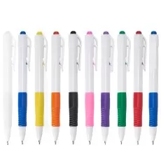 Caneta Plástica Branca Com Detalhes Coloridos Personalizada Para Brinde
