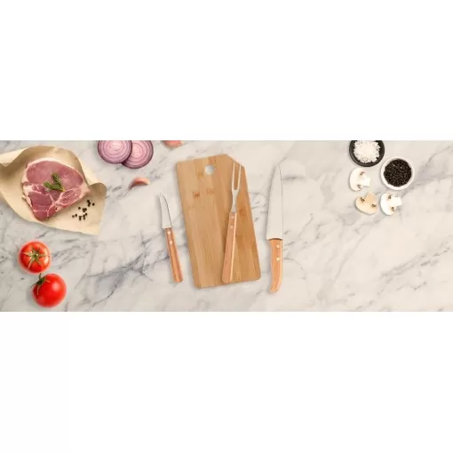 Kit Cozinha em Bambu com Facas e Garfo Personalizado